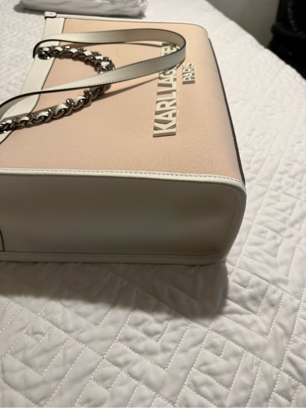 Karl Lagerfeld Light Beige and White Chain-Handle Tote with dust bag - Picture 7 of 13